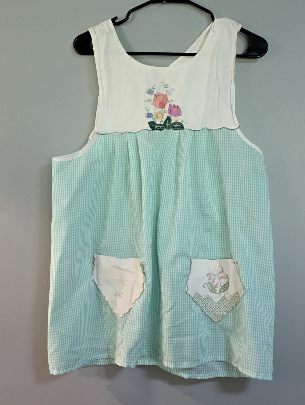 Mint Green Gingham Apron with Floral Accents